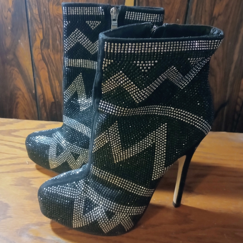 Aldo Black and Silver Rhinestone Heeled Boots Size 11